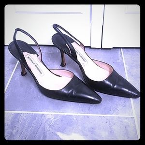 Manolo Blahnik Black Leather Sling Back Pumps